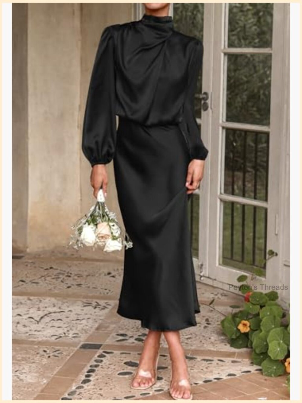 Long Sleeve Mock Neck Satin Maxi Dress Formal Party - Picture 4 of 7